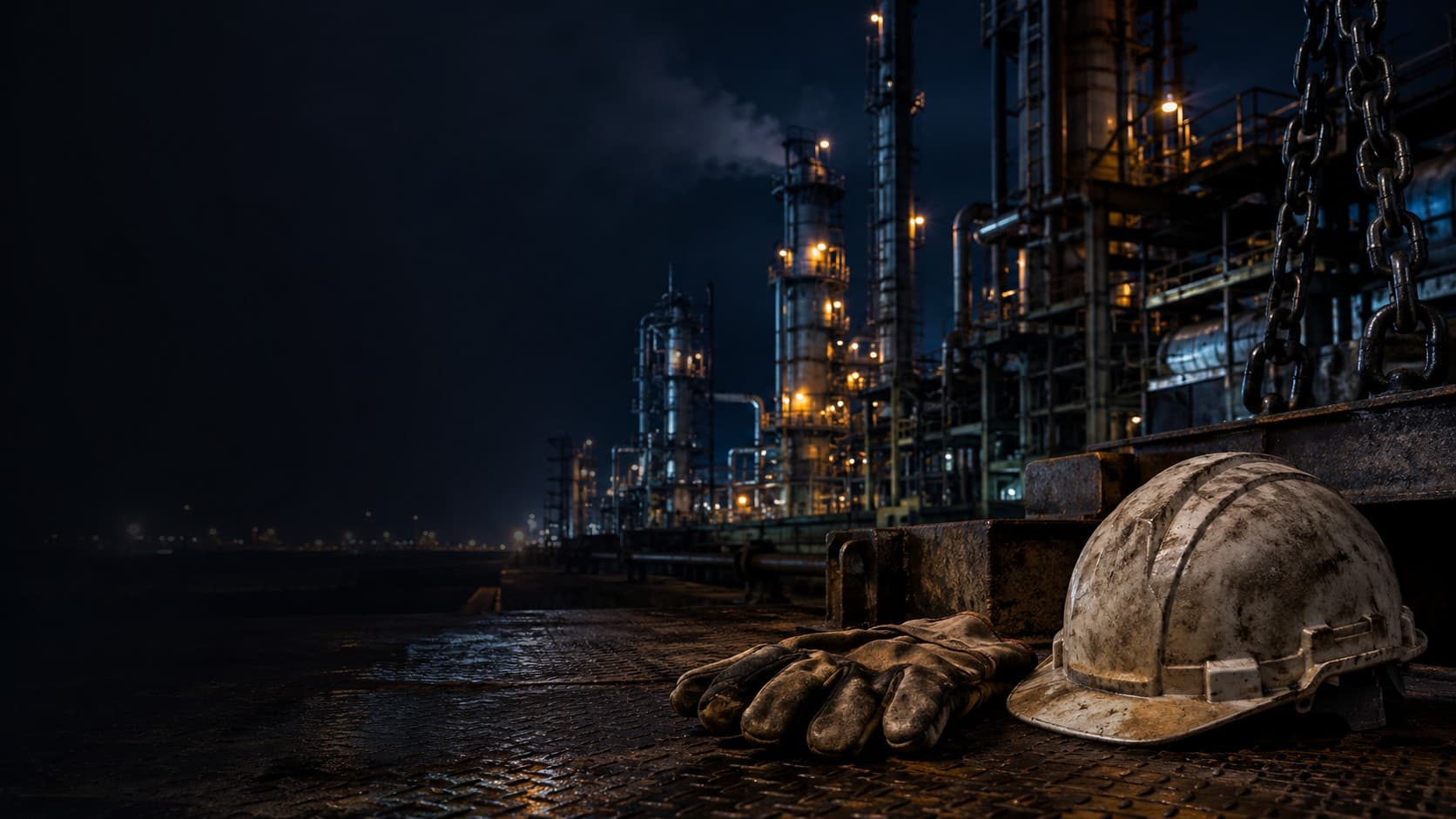 Industrial refinery worksite with hard hat, gloves, and chains